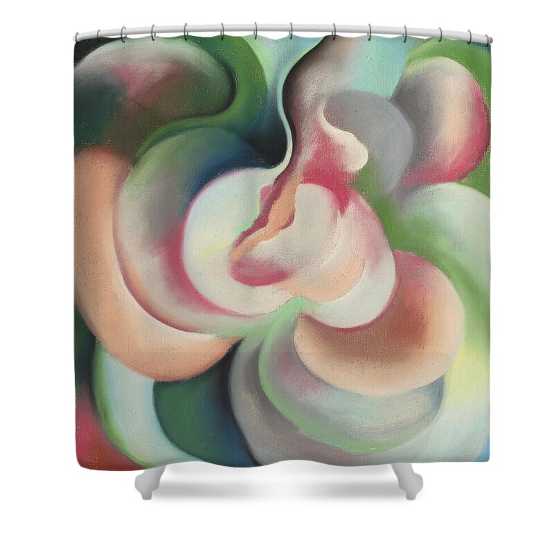 Georgia O'keeffe Shower Curtain featuring the painting Pink and green - Colorful modernist abstract painting by Georgia O'Keeffe
