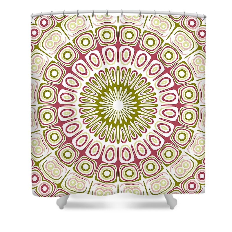 Pink Shower Curtain featuring the digital art Pink and Green Mandala Kaleidoscope Medallion Flower by Mercury McCutcheon
