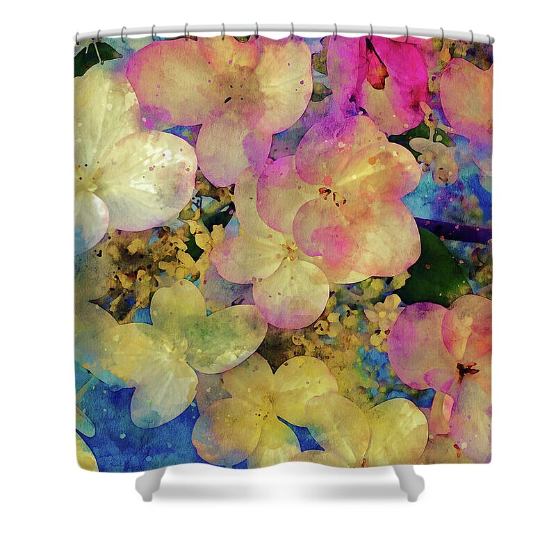 Hydrangea Shower Curtain featuring the mixed media Pink and White Hydrangeas by Peggy Collins