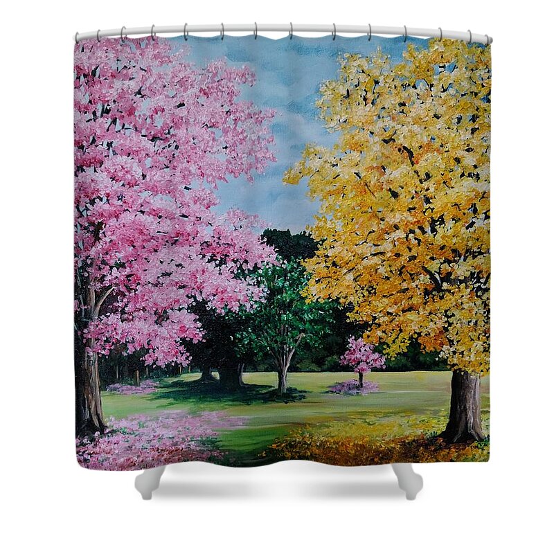 Poui Trees Shower Curtain featuring the painting Pink And Yellow Puoi by Karin Dawn Kelshall- Best