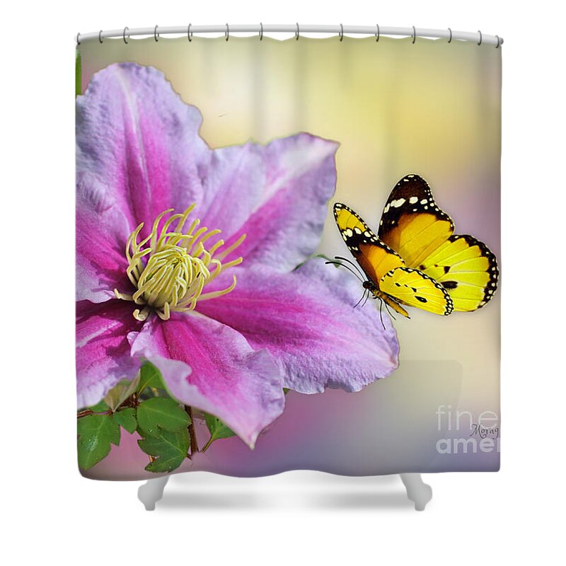 Yellow Butterfly Shower Curtain featuring the mixed media Pink Clematis and Butterfly by Morag Bates