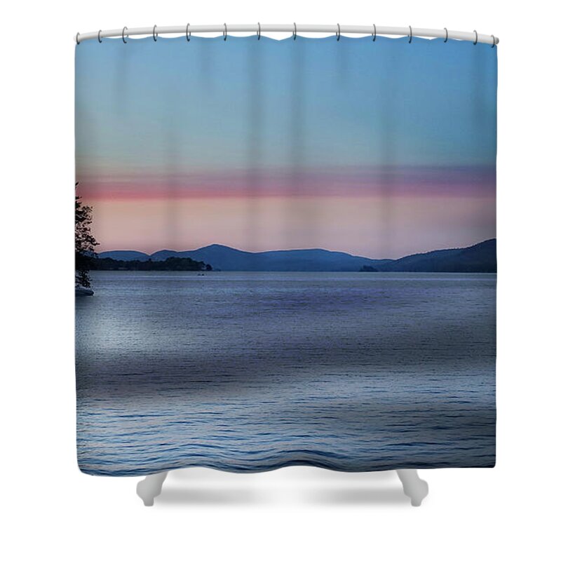 Sun Shower Curtain featuring the photograph Pink Clouds and Sunset Over Lake by Russel Considine