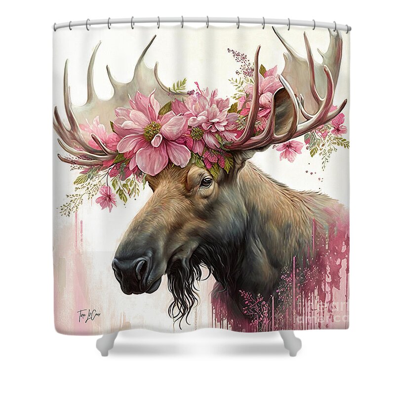 Moose Shower Curtain featuring the painting Pink Daisy Moose by Tina LeCour