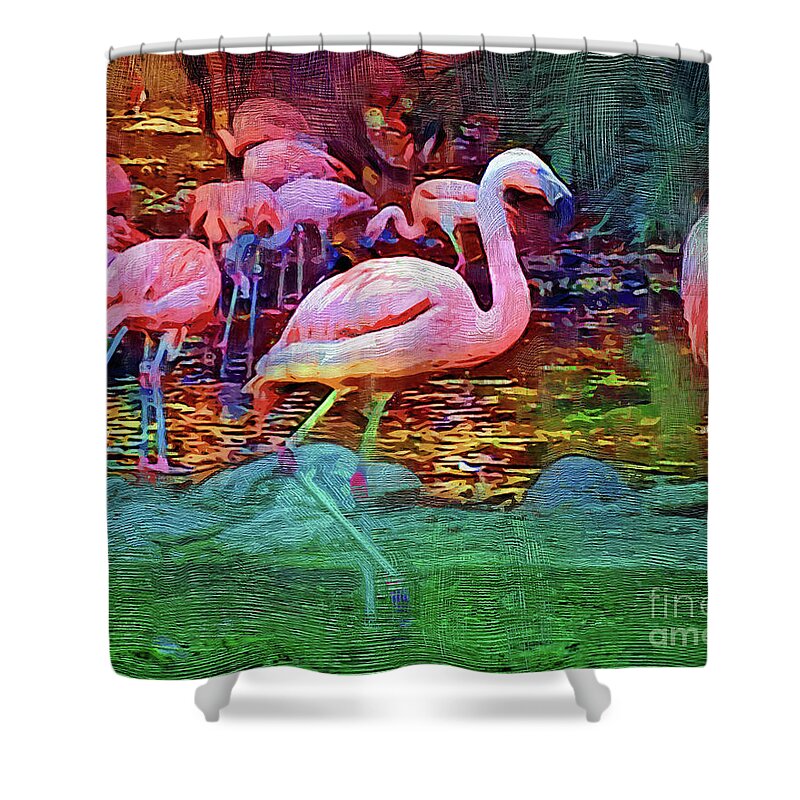 Flamingo Shower Curtain featuring the digital art Pink Flamingos by Kirt Tisdale