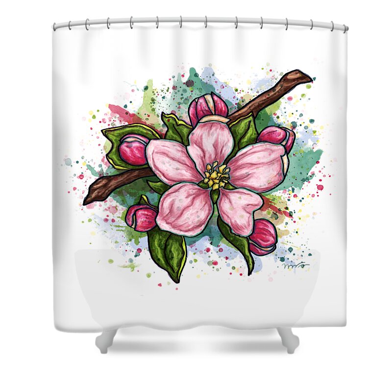 Flower Shower Curtain featuring the painting Pink flower on white background, cherry blossom by Nadia CHEVREL