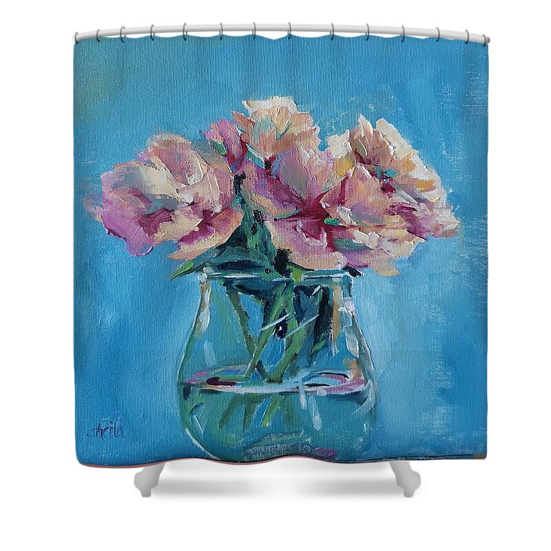 Pink Shower Curtain featuring the painting Pink Flowers with Blue by Sheila Romard