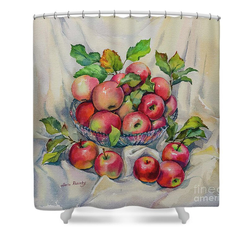 Pink Ladies Apples Shower Curtain featuring the digital art Pink Ladies Still Life by Maria Rabinky