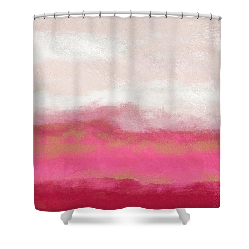 Abstract Shower Curtain featuring the mixed media Pink Landscape- Art by Linda Woods by Linda Woods