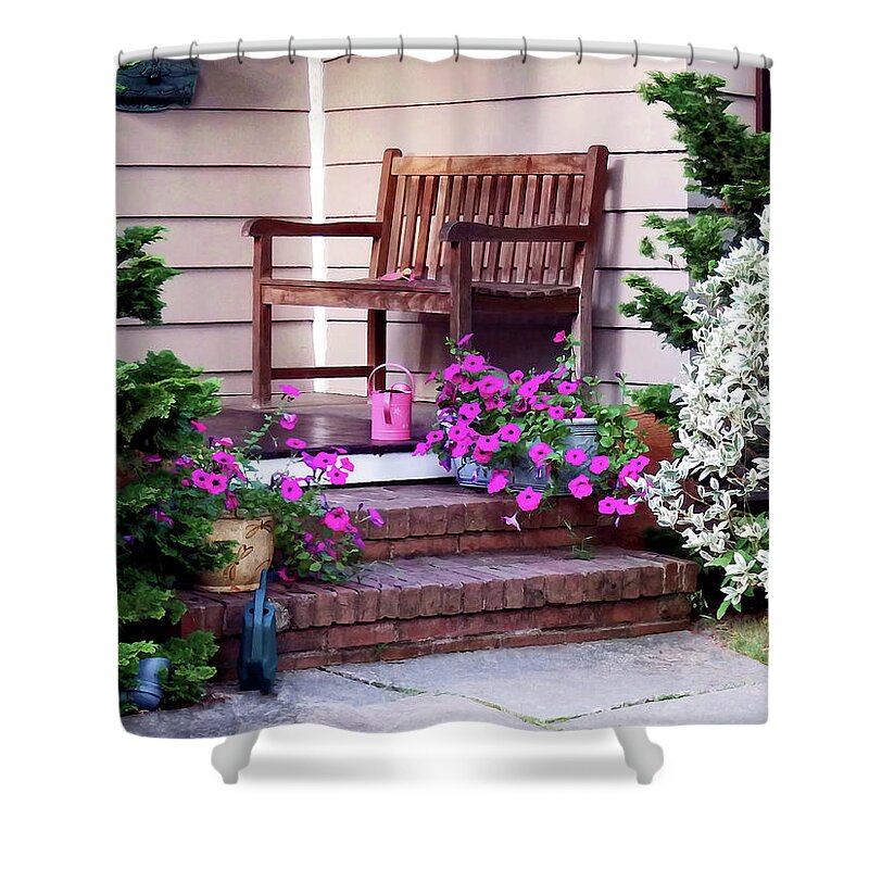 Petunia Shower Curtain featuring the photograph Pink Petunias and Watering Cans by Susan Savad