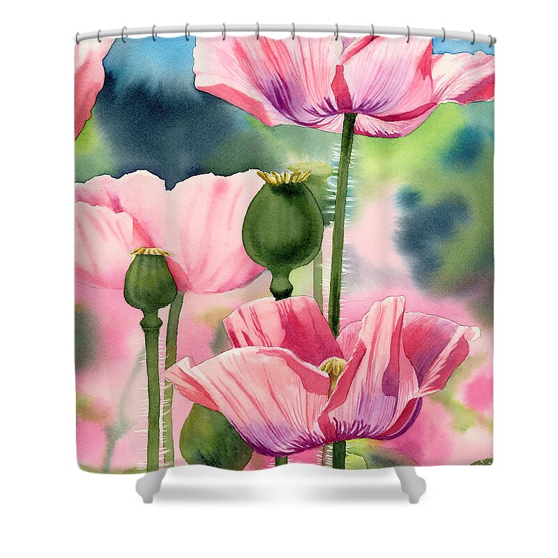 Pink Shower Curtain featuring the painting Pink Poppies by Espero Art