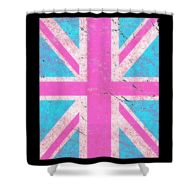 Funny Shower Curtain featuring the digital art Pink Retro Union Jack Flag by Flippin Sweet Gear