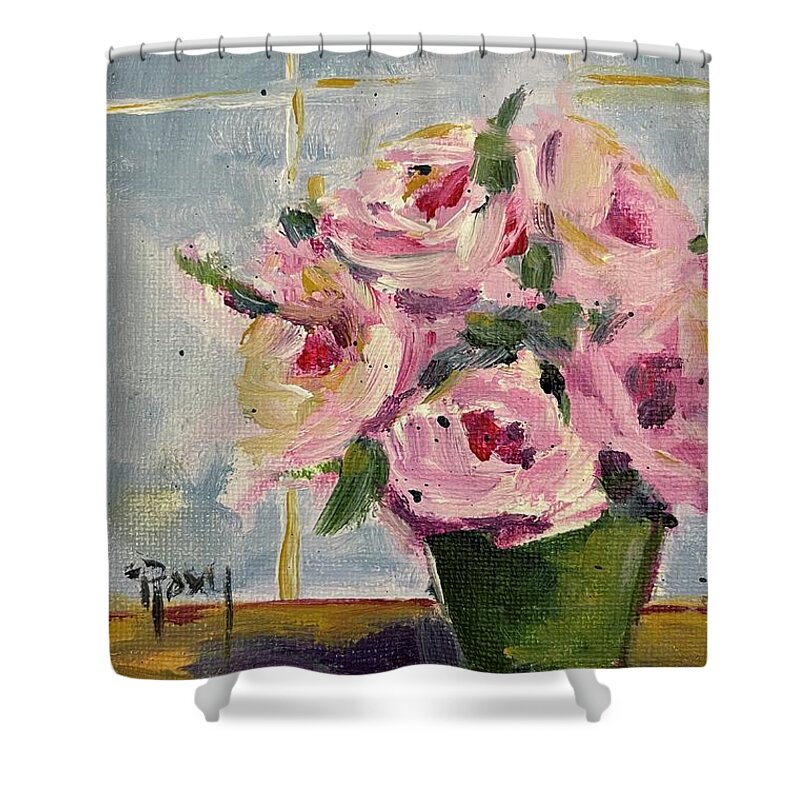 Pink Roses Shower Curtain featuring the painting Pink Roses by the Window by Roxy Rich