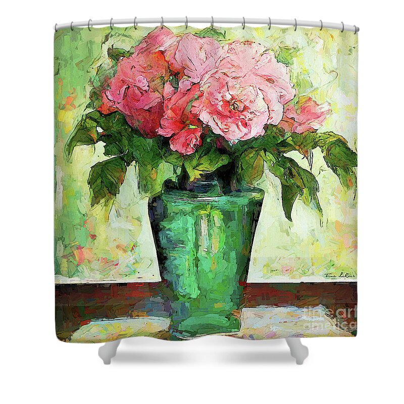 Roses Shower Curtain featuring the painting Pink Roses in Green Vase by Tina LeCour