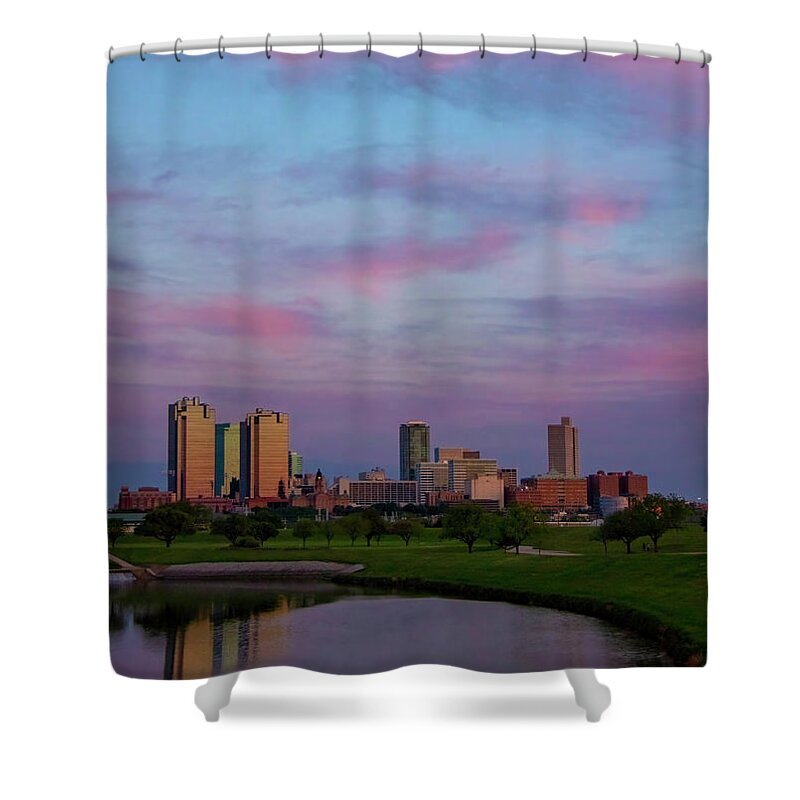 Cityscape Shower Curtain featuring the photograph Pink Skies over Fort Worth by Debby Richards