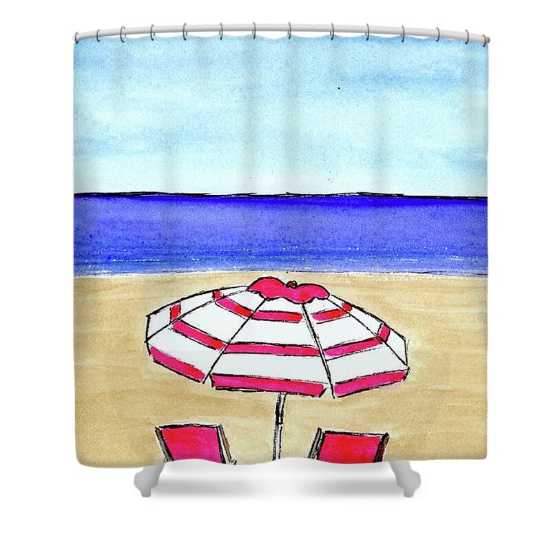 Beach Shower Curtain featuring the painting Pink Striped Beach Umbrella by Donna Mibus
