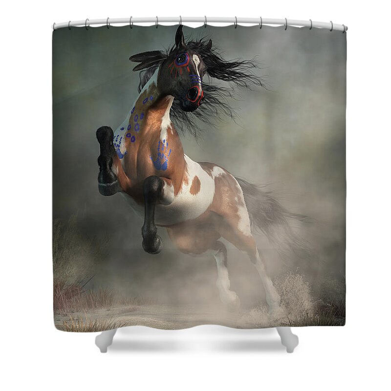 Pinto War Horse Shower Curtain featuring the digital art Pinto Warrior Horse in War Paint by Daniel Eskridge
