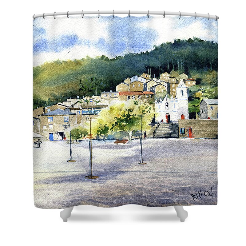 Portugal Shower Curtain featuring the painting Piodao Village in Portugal Painting by Dora Hathazi Mendes