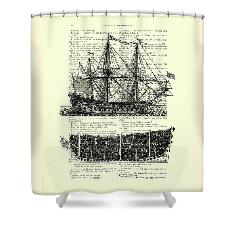Ship Shower Curtain featuring the mixed media Pirate Ship Diagram by Madame Memento