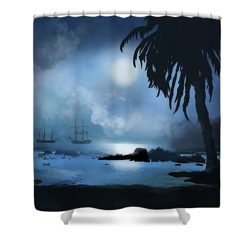 Pirate Shower Curtain featuring the painting Pirate ships off the coast of Port Royale by Patricia Piotrak