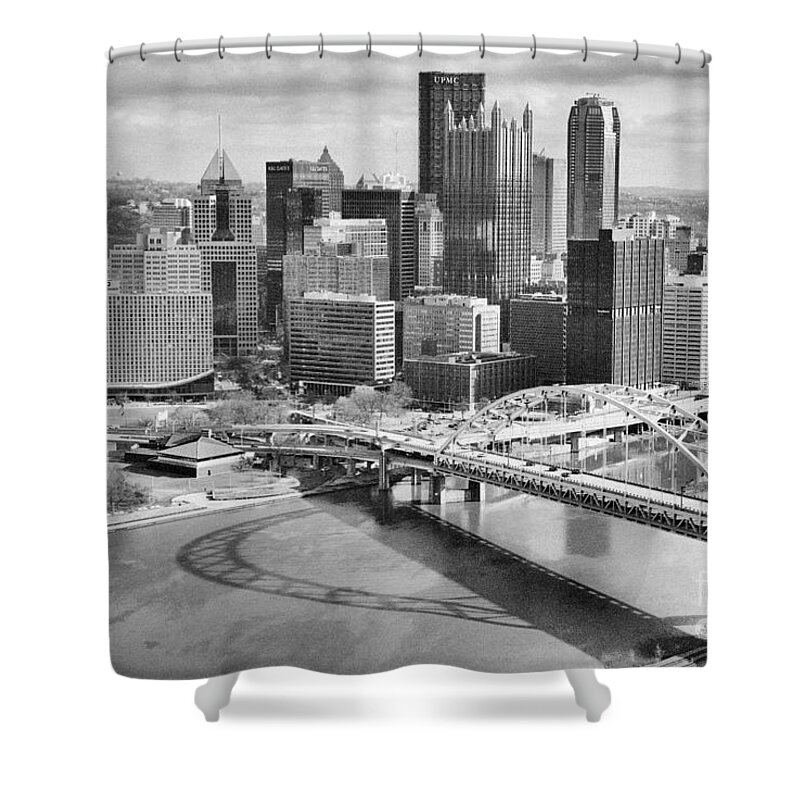 Pittsburgh Shower Curtain featuring the photograph Pittsburgh Liberty Bridge Reflections Black And White by Adam Jewell