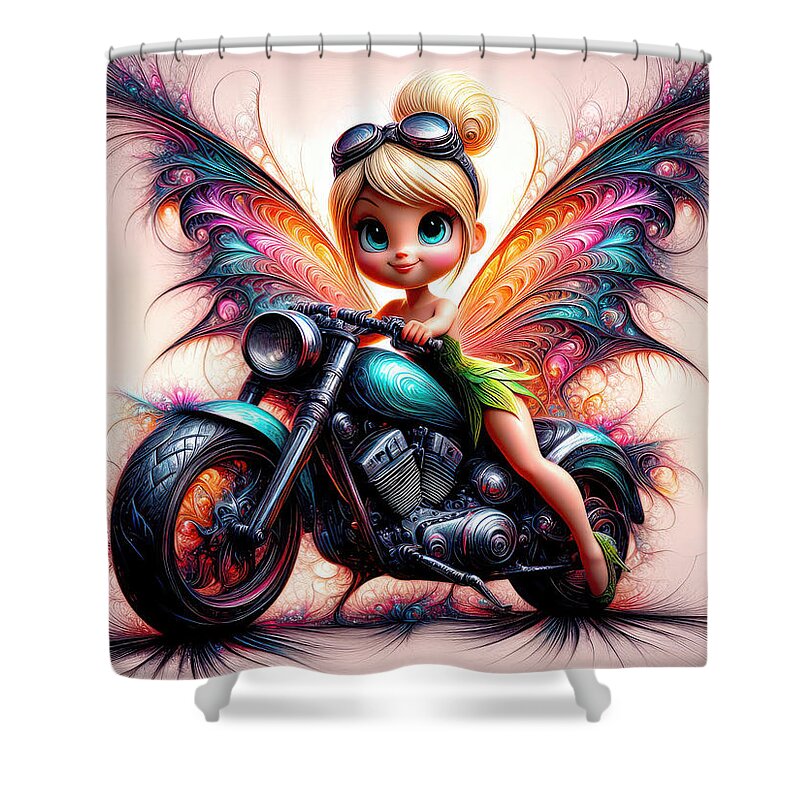 Fairy Shower Curtain featuring the digital art Pixie on Pistons by Bill And Linda Tiepelman