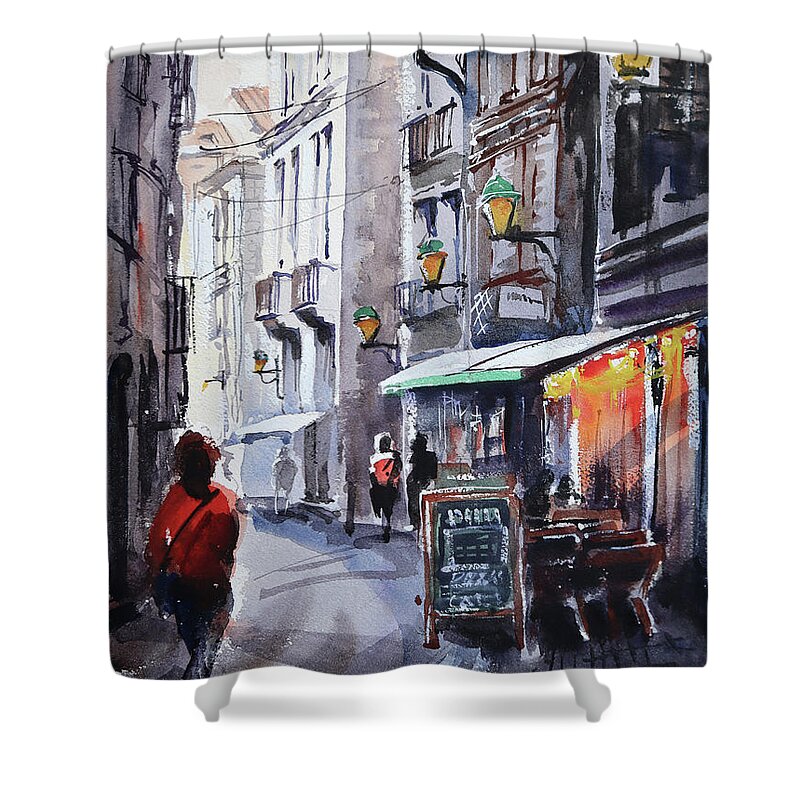Landscape Shower Curtain featuring the painting Pizza Cafe in France by Shirley Peters