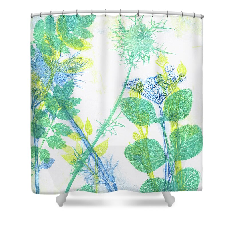 Plant Print Shower Curtain featuring the mixed media Plants Monoprint by Kristine Anderson