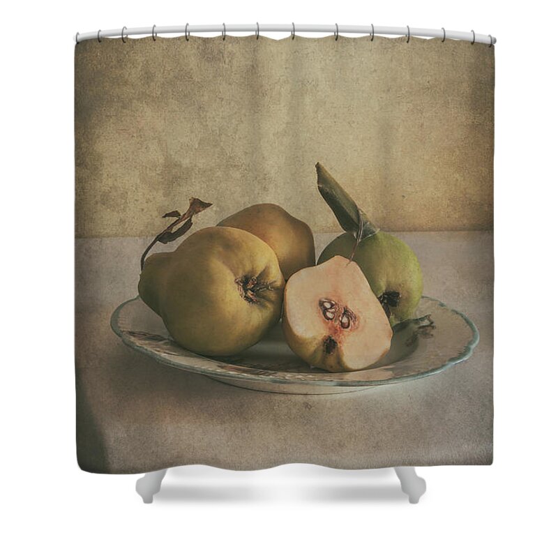 Still Life Shower Curtain featuring the photograph Plate of fresh quince by Jaroslaw Blaminsky
