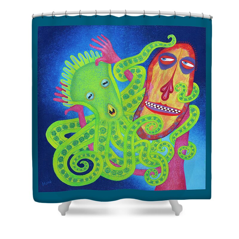 Visionary Visionaryart Art Painting 16x16 Octopus Play Playing Hug Shower Curtain featuring the painting Playing With The Octopus by Hone Williams