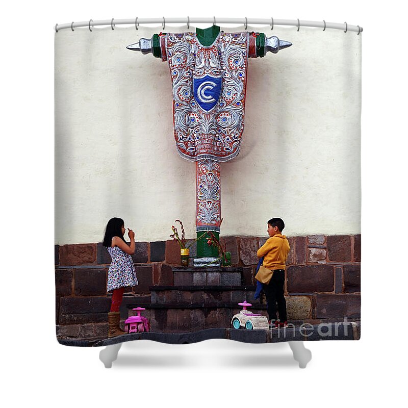 Peru Shower Curtain featuring the photograph Playtime Prayers Cusco Peru by James Brunker