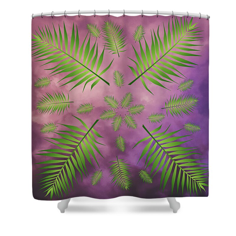 Palm Shower Curtain featuring the digital art Plethora of Palm Leaves 18 on a Purple and Pink sky by Ali Baucom