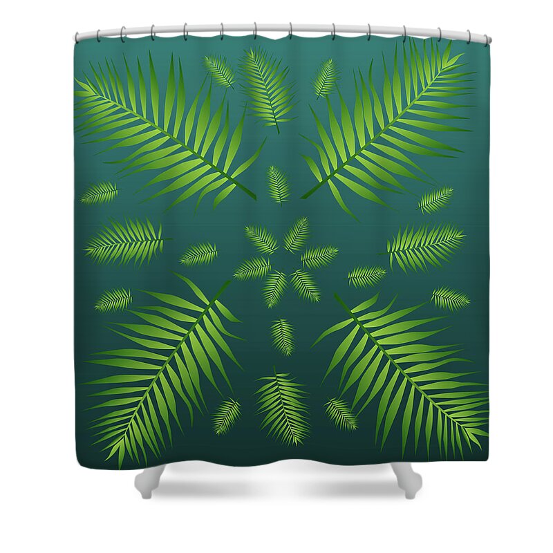 Palm Shower Curtain featuring the digital art Plethora of Palm Leaves 20 on a Teal Gradient Background by Ali Baucom