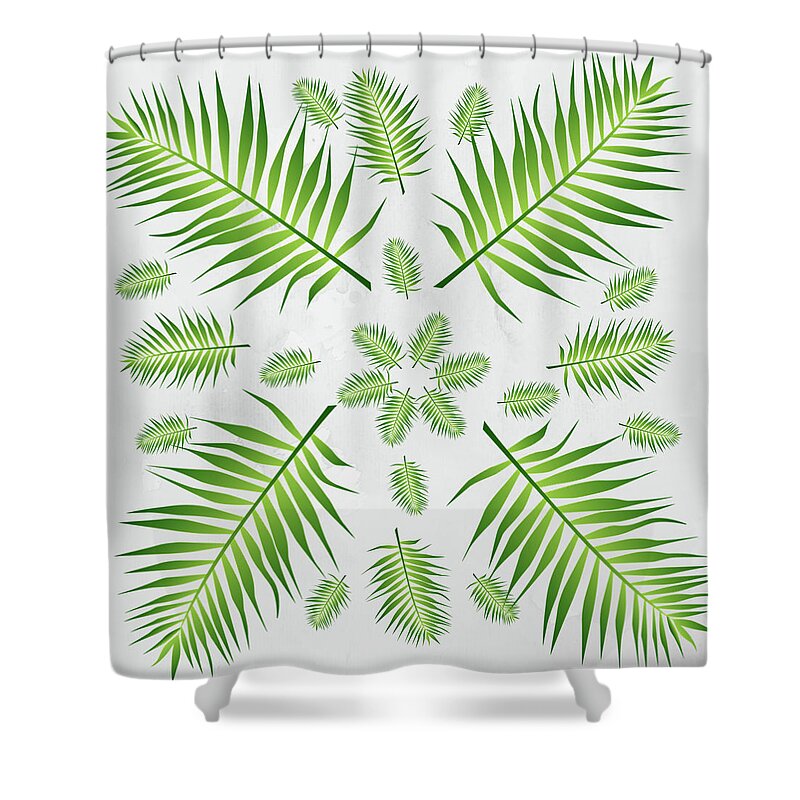 Palm Shower Curtain featuring the digital art Plethora of Palm Leaves 21 on a White Textured Background by Ali Baucom