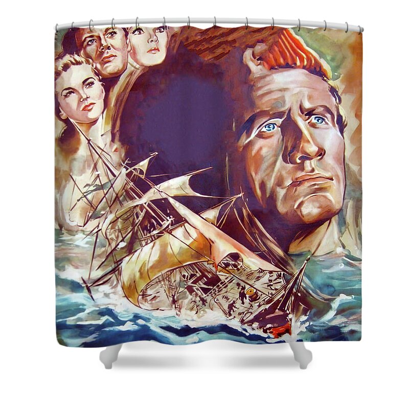 Plymouth Shower Curtain featuring the painting ''Plymouth Adventure'', 1950, movie poster painting by Georg Schubert by Stars on Art