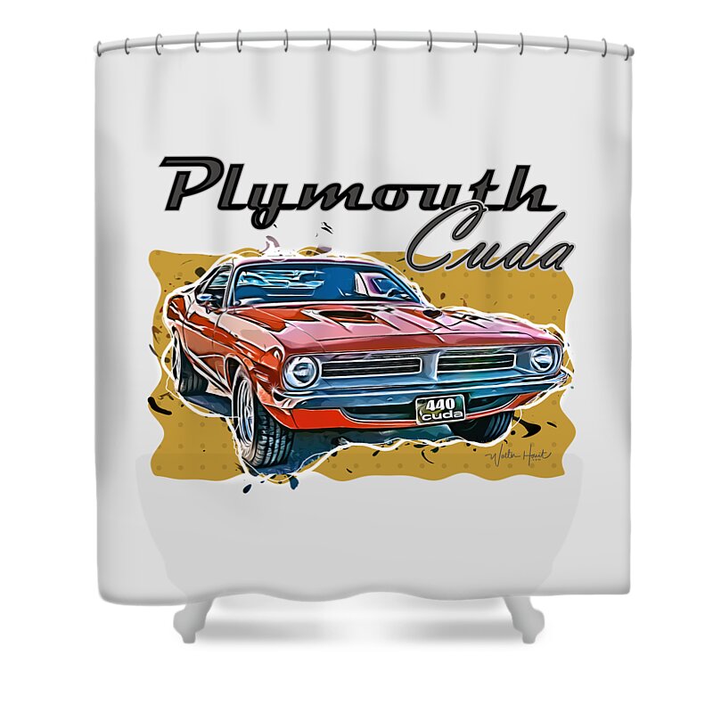 Plymouth Shower Curtain featuring the digital art Plymouth Cuda American Muscle Car by Walter Herrit