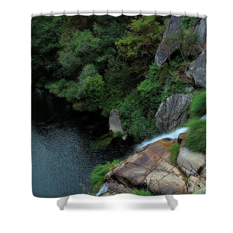 Waterfall Shower Curtain featuring the photograph Poco Negro waterfall from above in Carvalhais 3 by Angelo DeVal