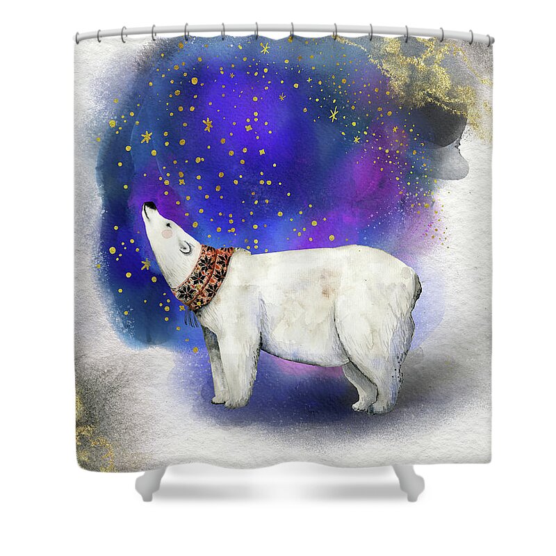 Polar Bear Shower Curtain featuring the painting Polar Bear With Golden Stars by Garden Of Delights