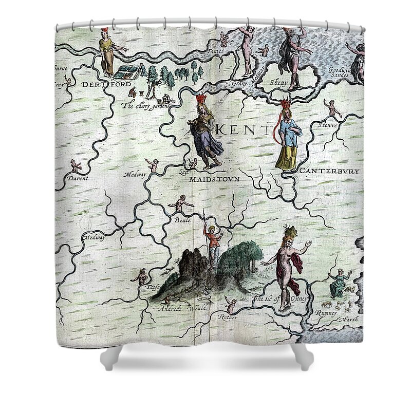 1622 Shower Curtain featuring the drawing Poly-Olbion - Map of Kent, England by Michael Drayton