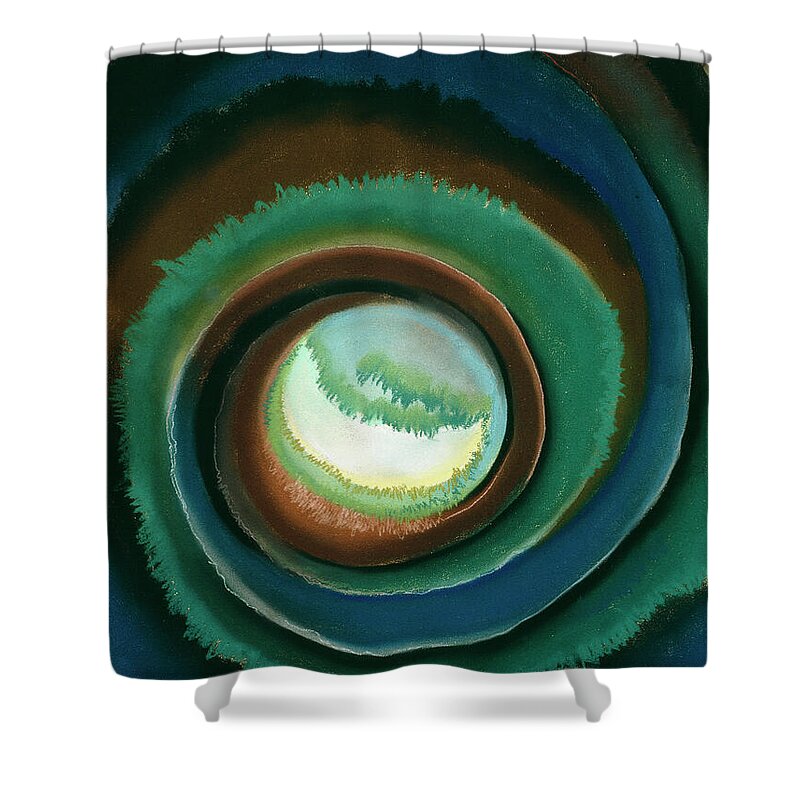 Georgia O'keeffe Shower Curtain featuring the painting Pond in the woods - modernist abstract landscape aerial painting by Georgia O'Keeffe