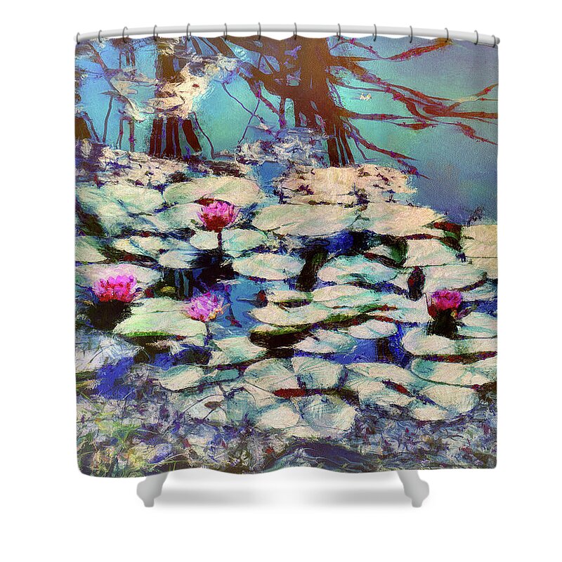 Pond Shower Curtain featuring the mixed media Pond Lilies at the End of Summer by Christopher Reed