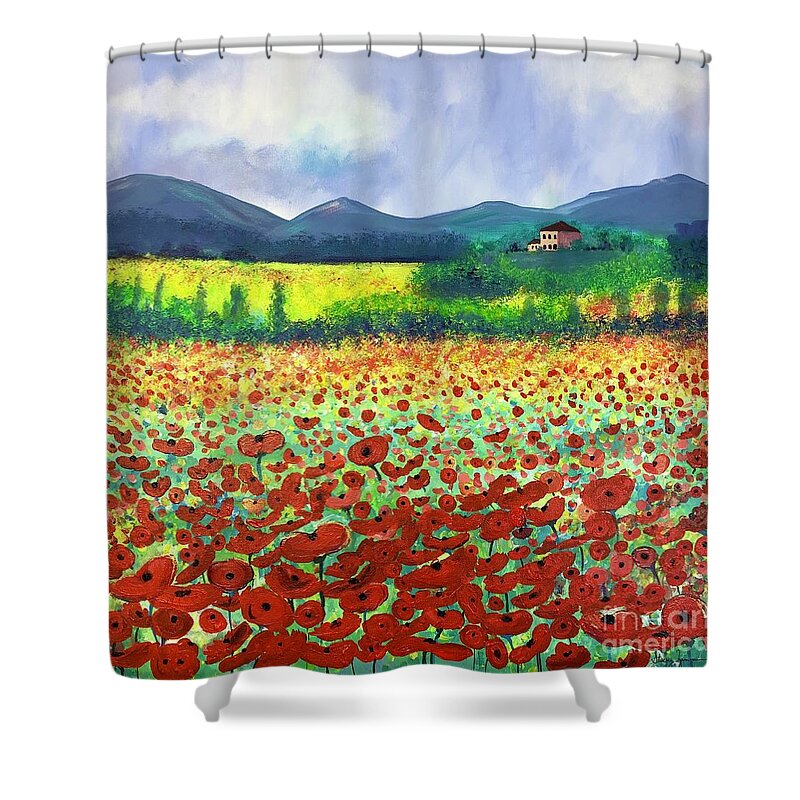 Poppies Shower Curtain featuring the painting Poppies in Tuscany by Stacey Zimmerman