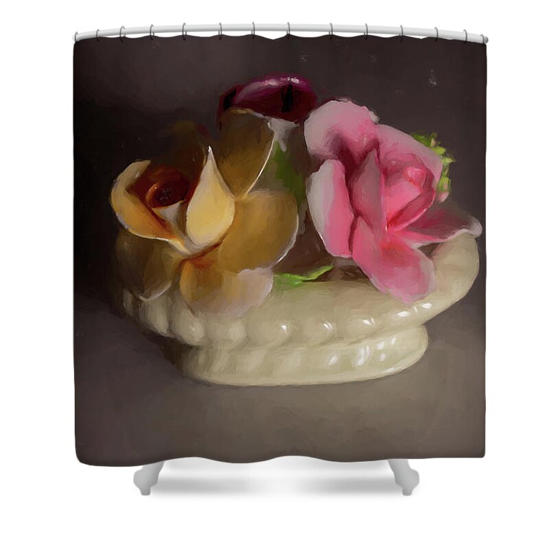 Porcelain Shower Curtain featuring the mixed media Porcelain Flowers by Alison Frank