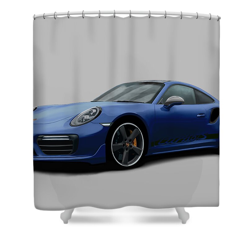 Hand Drawn Shower Curtain featuring the digital art Porsche 911 991 Turbo S Digitally Drawn - Dark Blue with side decals script by Moospeed Art