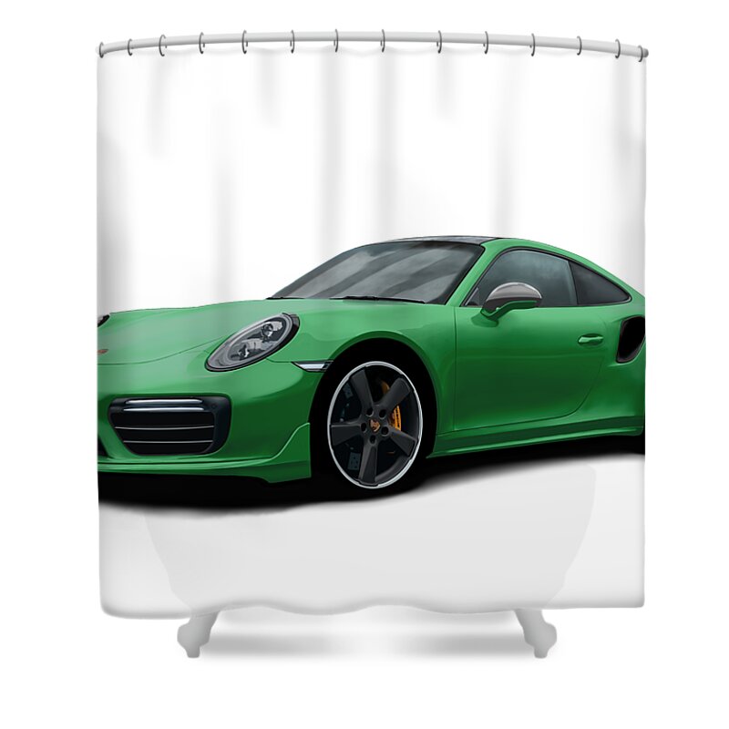 Hand Drawn Shower Curtain featuring the digital art Porsche 911 991 Turbo S Digitally Drawn - Green by Moospeed Art