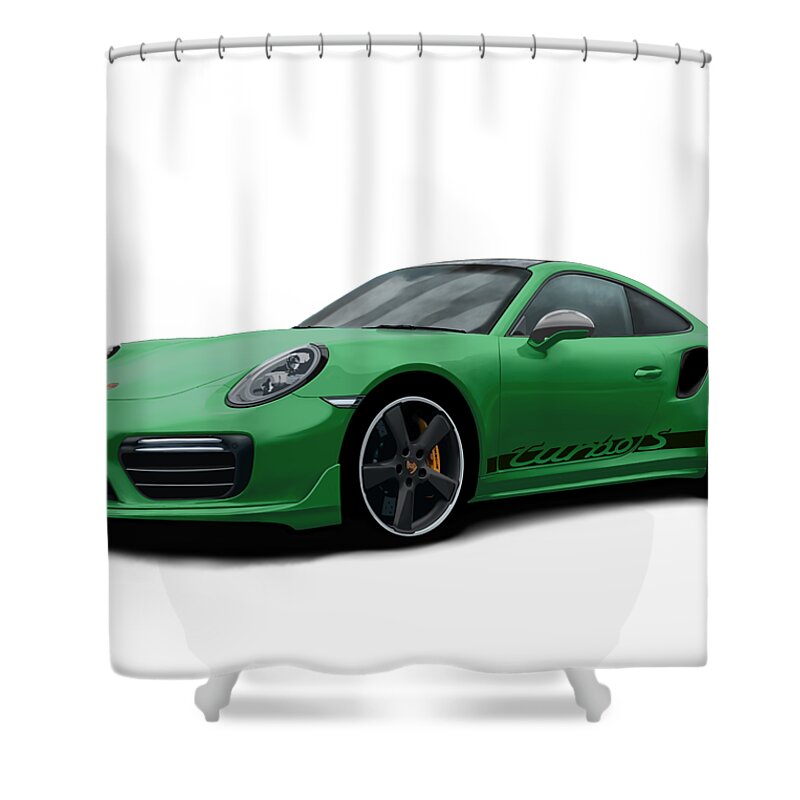 Hand Drawn Shower Curtain featuring the digital art Porsche 911 991 Turbo S Digitally Drawn - Green with side decals script by Moospeed Art