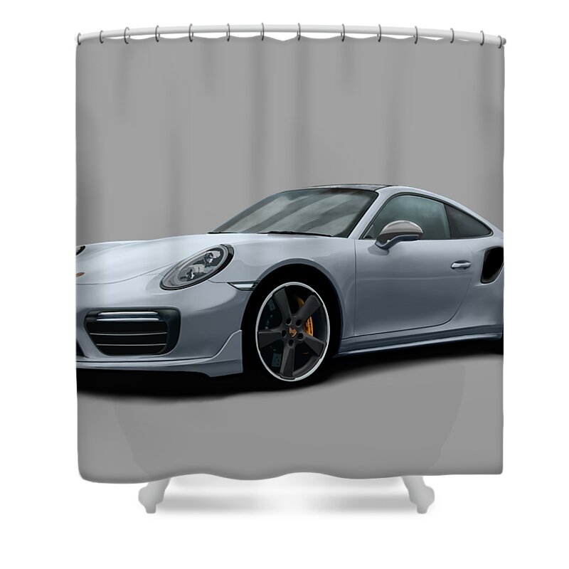 Hand Drawn Shower Curtain featuring the digital art Porsche 911 991 Turbo S Digitally Drawn - Grey by Moospeed Art