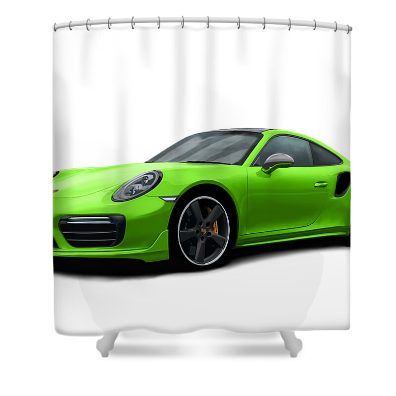 Hand Drawn Shower Curtain featuring the digital art Porsche 911 991 Turbo S Digitally Drawn - Light Green by Moospeed Art