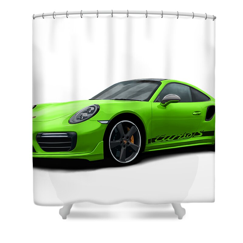Hand Drawn Shower Curtain featuring the digital art Porsche 911 991 Turbo S Digitally Drawn - Light Green with side decals script by Moospeed Art