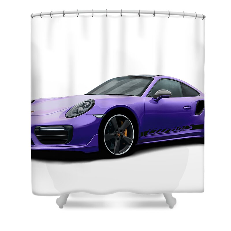 Hand Drawn Shower Curtain featuring the digital art Porsche 911 991 Turbo S Digitally Drawn - Purple with side decals script by Moospeed Art
