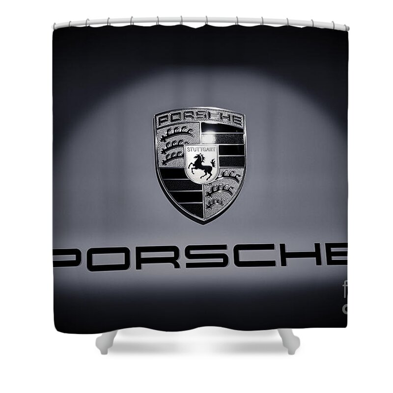 Porsche 911 Shower Curtain featuring the photograph Porsche Car Emblem isolated BW 2 by Stefano Senise